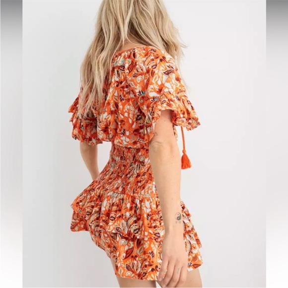 Aerie Orange Floral Smocked Waist Mini Dress - Picture 2 of 8